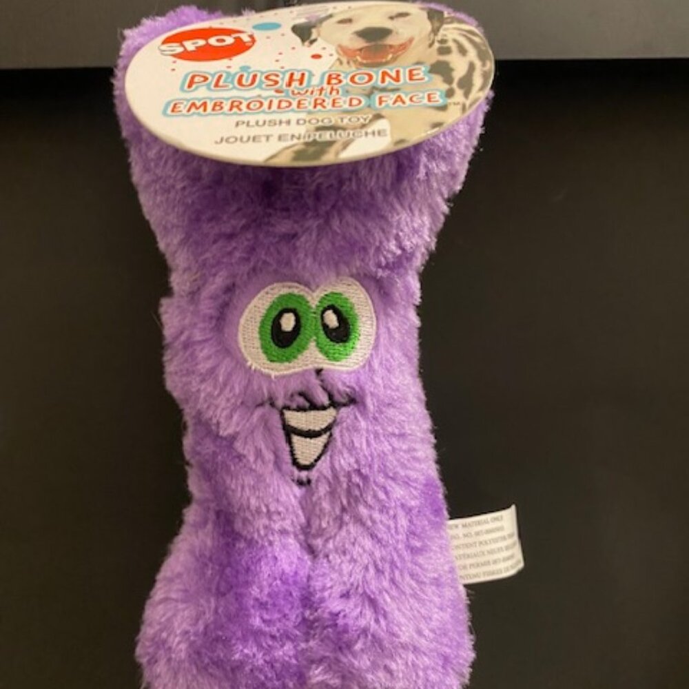 SPOT: PLUSH BONE SHAPED *PURPLE* EMBROIDERED FACE DOG TOY